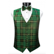 Christmas Green and Gold Plaid Vest and Bow Tie Set